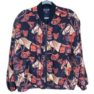 Vintage Silk Club Silk Bomber Jacket Equestrian Horses Zip Lined 90’s